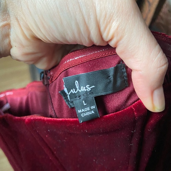 Lulu’s Glamorous Celebrations Wine Red Velvet Strapless Tulip Dress - Picture 9 of 10